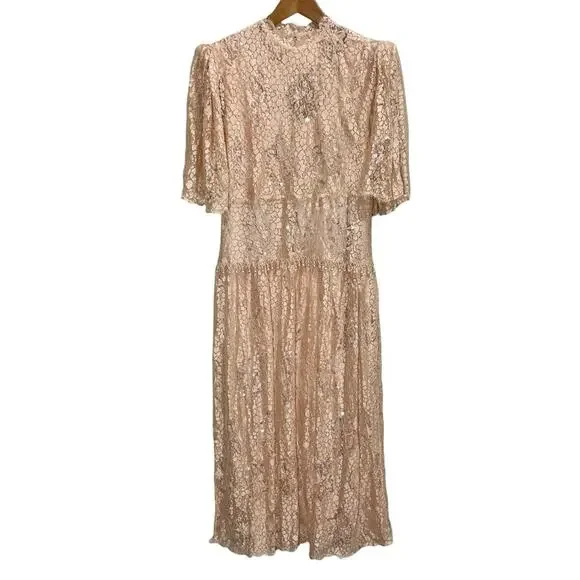 Vintage 1990s Rina di’Montella Silk Lace Overlay Beaded Dress Size 8 Nude Pink - Picture 2 of 16